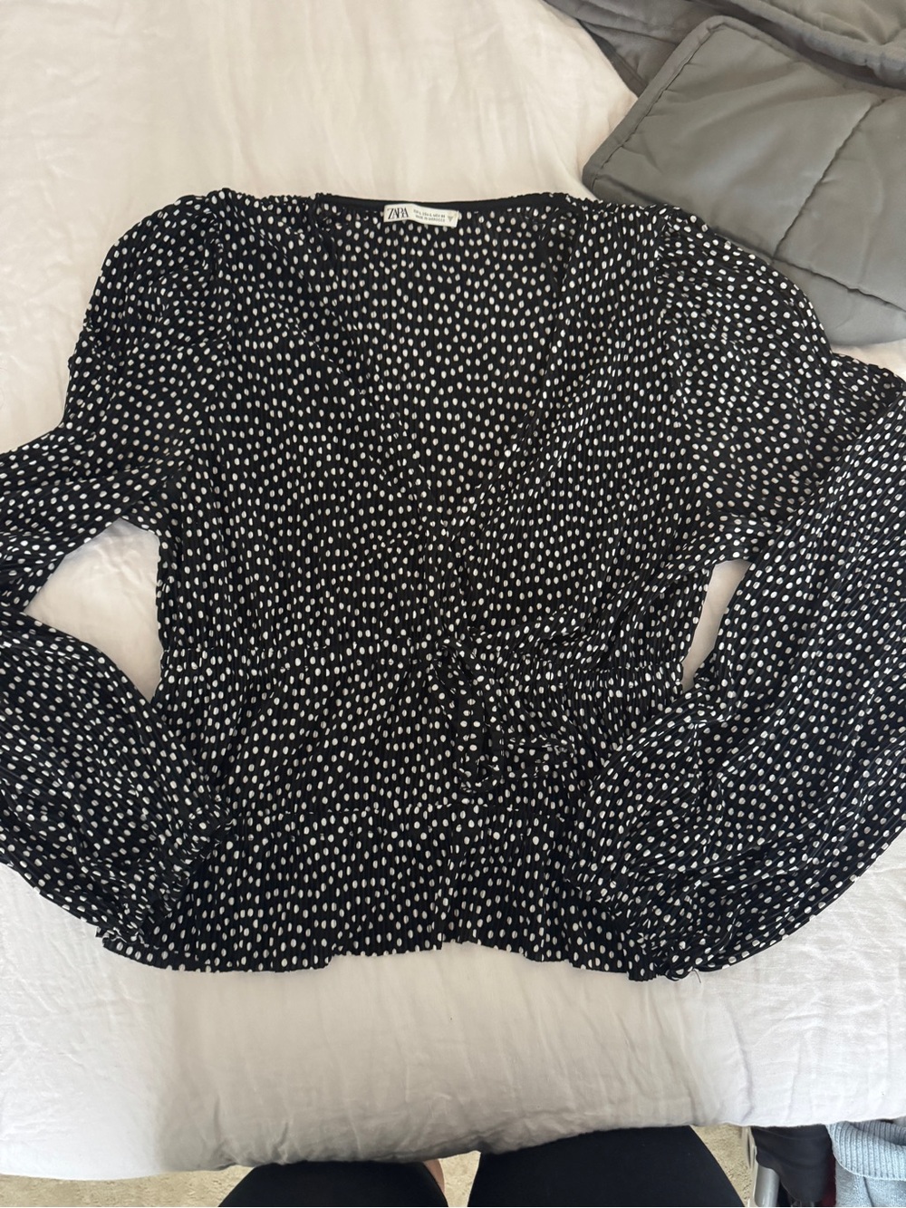 Zara Black and White Dot Long-Sleeve Peplum Top